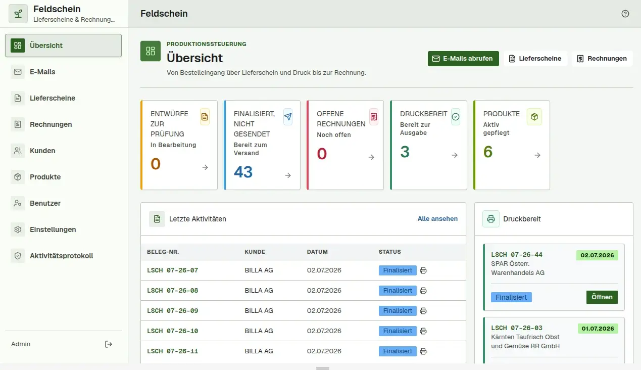 Feldschein Übersicht — Dashboard mit Lieferscheinen, Druckstatus und letzten Aktivitäten