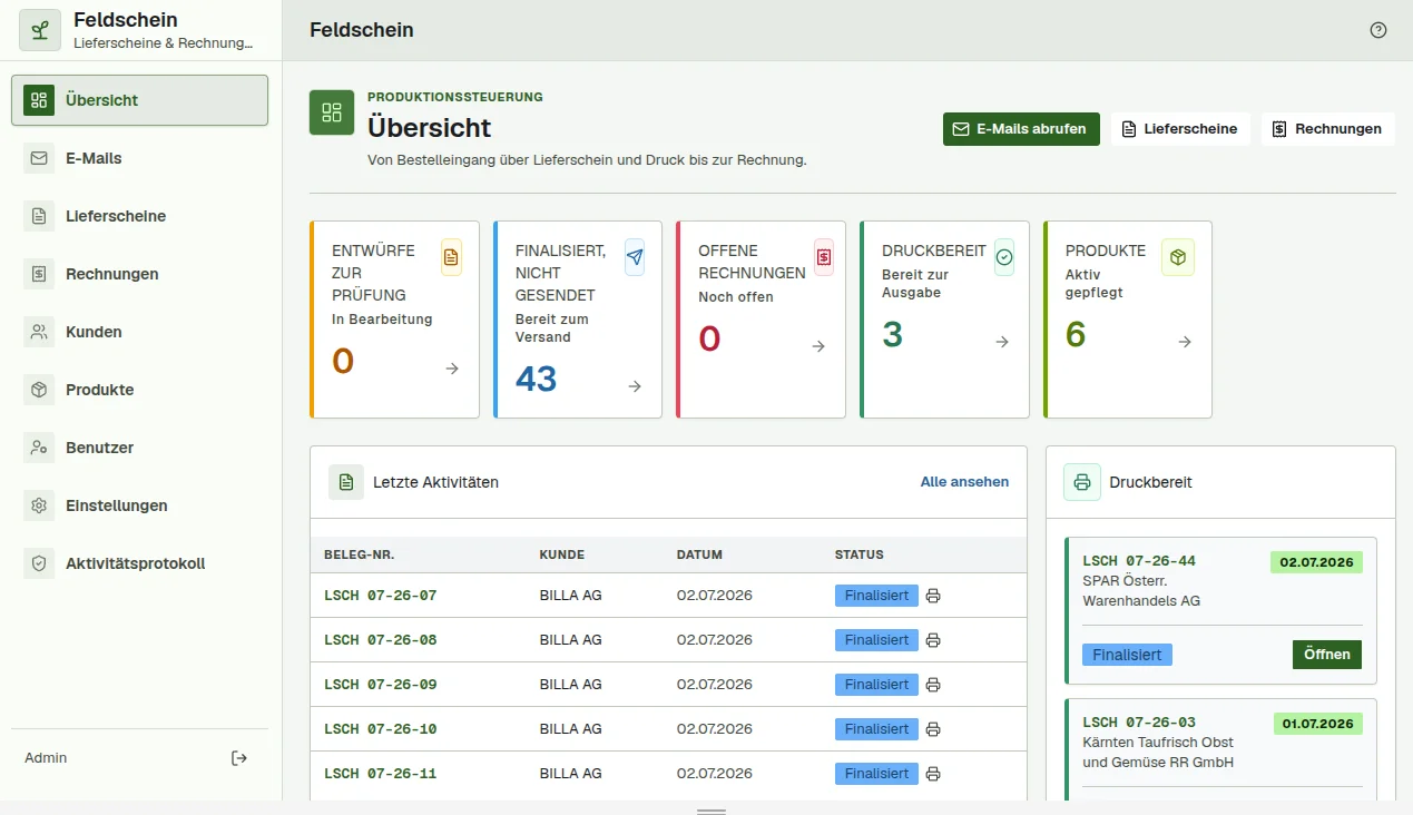Feldschein Dashboard mit Lieferscheinen, Druckstatus und letzten Aktivitäten